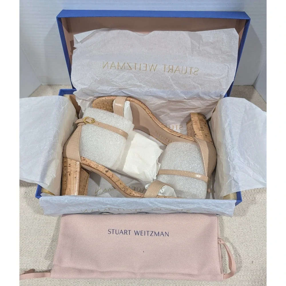 Stuart Weitzman Nearlynude Adobe Beige Croc Cork Block Heel Sandals 7.5 AA NIB